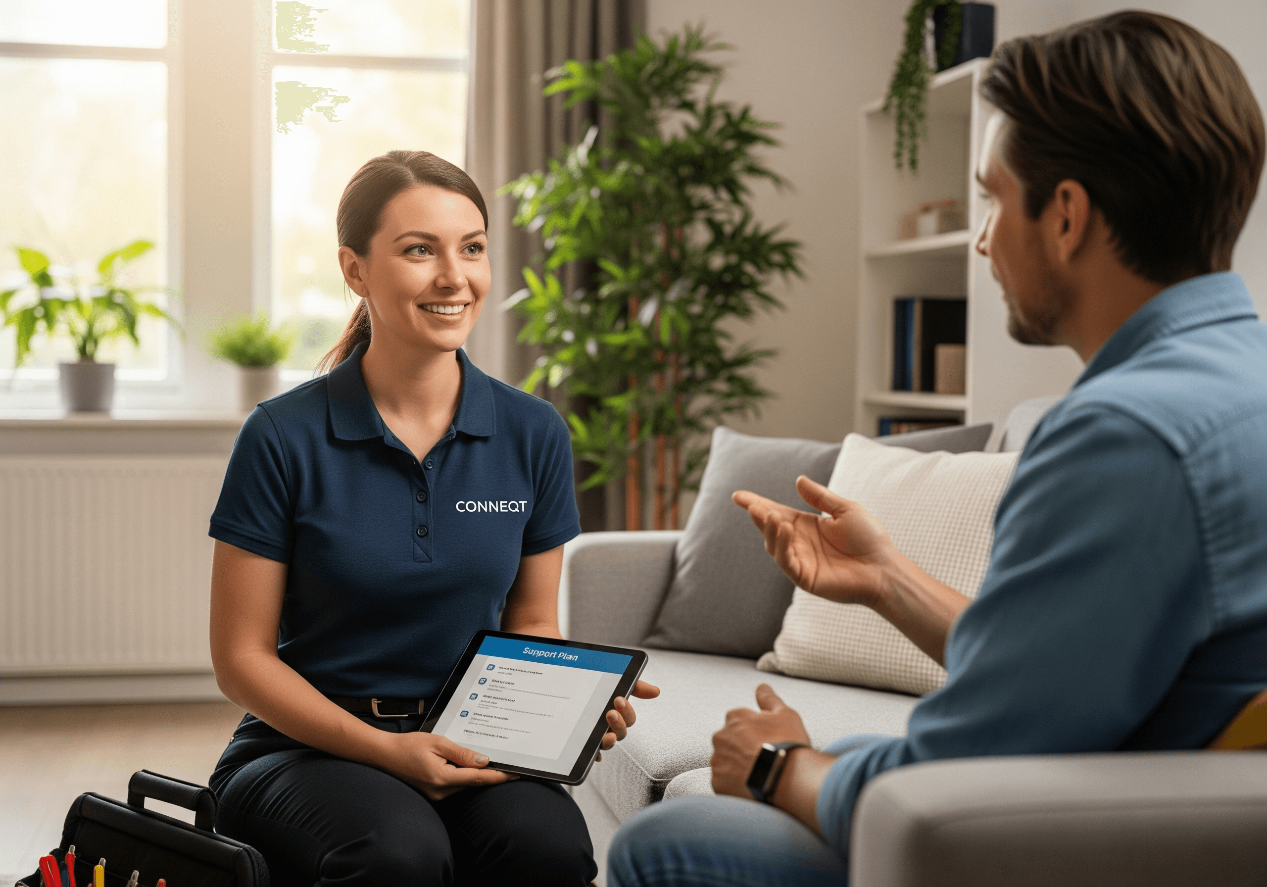 Image of technician talking with a customer with a tablet in her hand